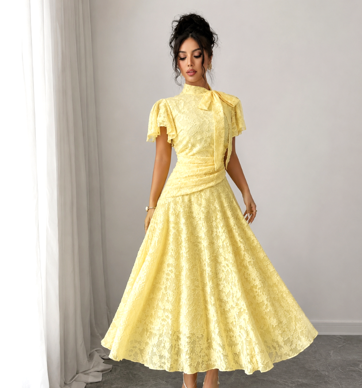 Elegant Women's Yellow Floral Lace Bow-Neck Midi Dress
