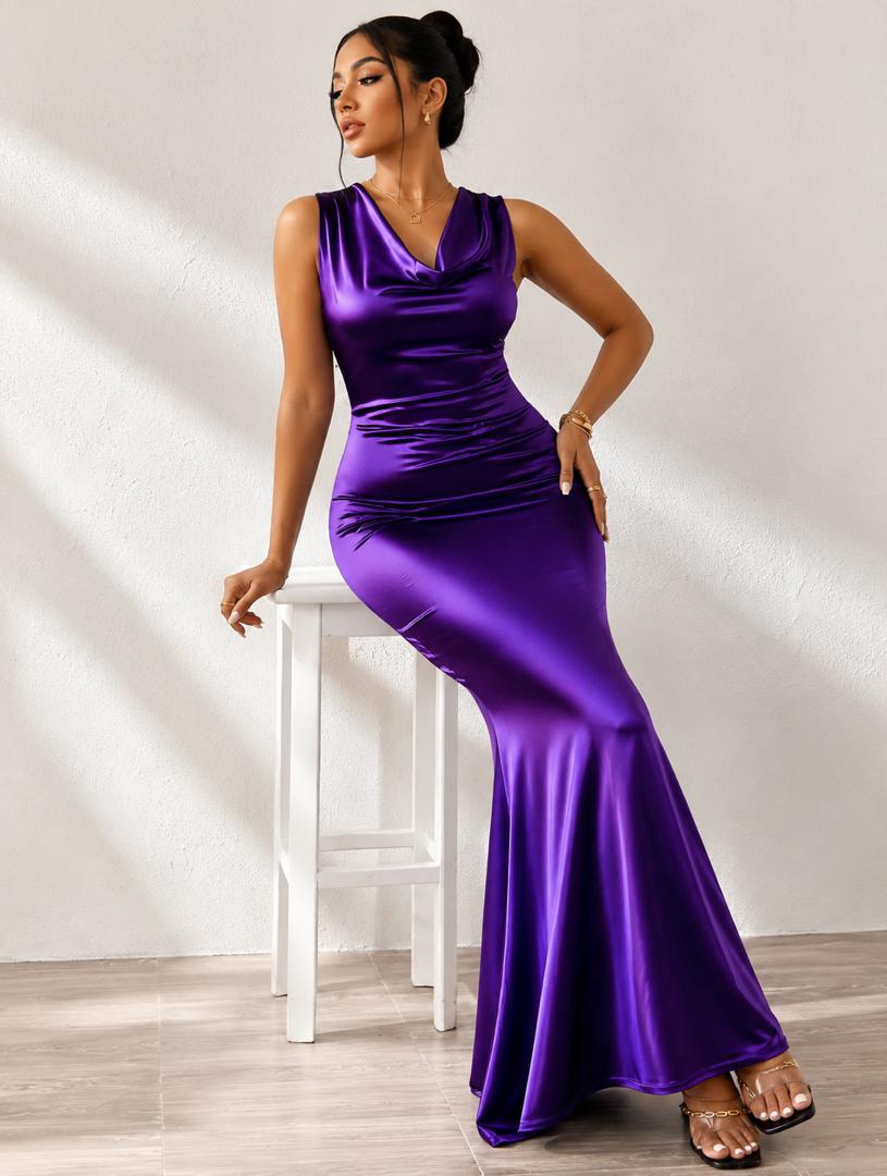 Purple Satin Cowl-Neck Maxi Dress