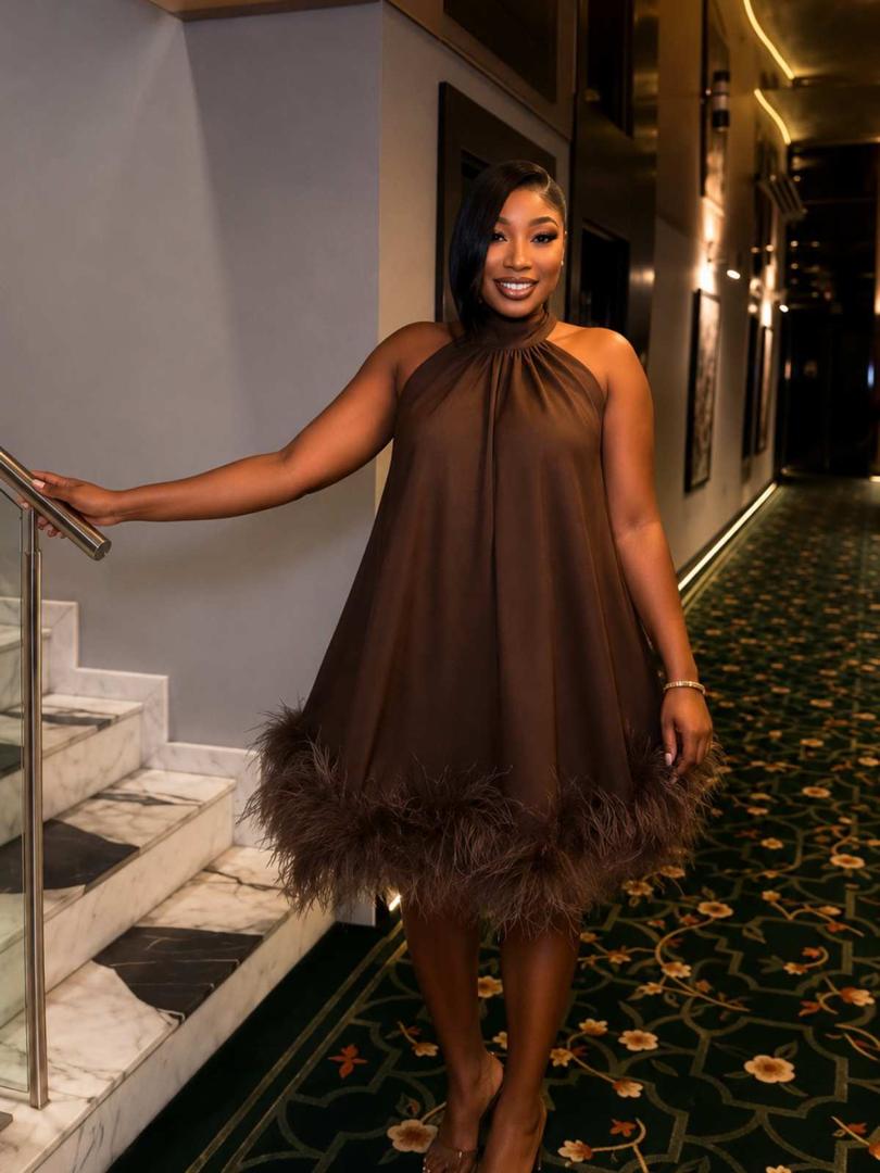 Brown Feather-Trim Halter Dress